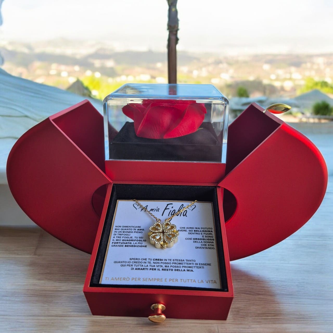 Regalo speciale I Rosa eterna e collana "A Mia Figlia"